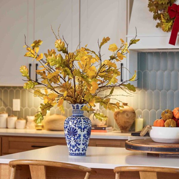 Lifelike Autumn Green Oak Leaf and Golden Aspen Foliage Centerpiece Arrangement - Yellow and
