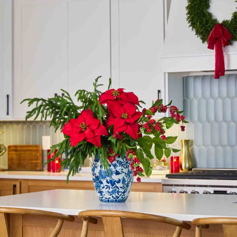 Holiday Majesty - Real Touch Norfolk, Red Poinsettia Christmas Centerpiece Arrangement - Red and