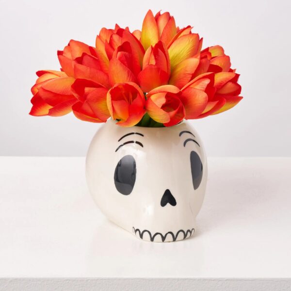 Fiesta Skull - Mini Orange or Pink Tulips in Sugar Skull Halloween Pot Fall Arrangement