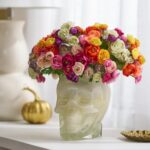 Rainbow Ranunculus Sugar Skull Faux Floral Halloween Día de Muertos Centerpiece Arrangement