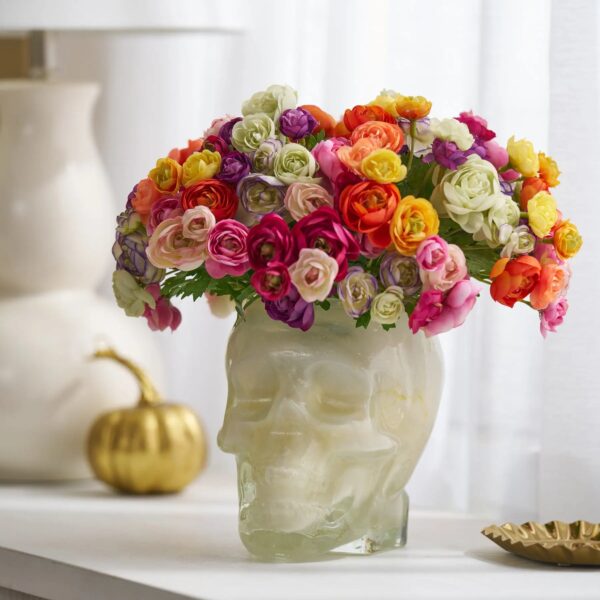 Rainbow Ranunculus Sugar Skull Faux Floral Halloween Día de Muertos Centerpiece Arrangement