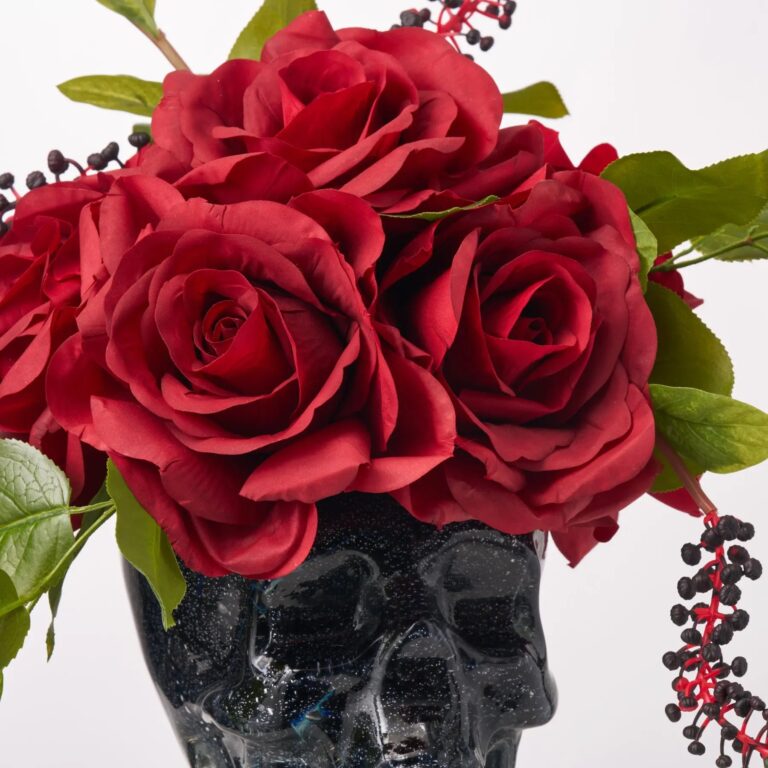 Close-up of vase silhouette detail on this Forbidden Blooms Crimson Crown Faux Floral Arrangement