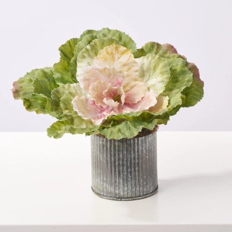 Close-up of leaf foliage texture on this Large Cabbage Kale Blossom Faux Plant Arrangement