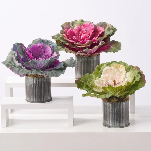 Large Cabbage Kale Blossom in Galvanized Tin Faux Plant Arrangement - 3 Color Options