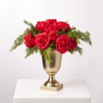 Holiday Heritage - Red Silk Rose Bouquet and Real Christmas Centerpiece Arrangement