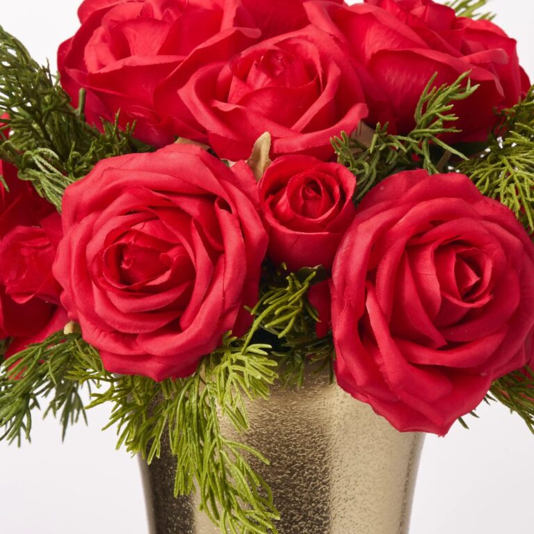 Close-up of bloom cluster detail on this Holiday Heritage - Red Silk Christmas Centerpiece Arrangement
