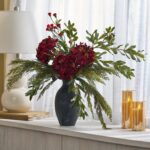 Tuscan Christmas - Deep Red Hydrangea and Thistle, Real Floral Centerpiece Arrangement