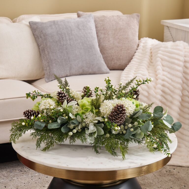 Winter Wonderland - Real Touch Juniper, Green Hydrangea, White Rectangular Centerpiece Arrangement