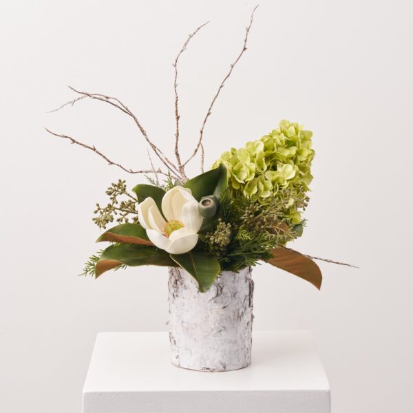 Woodland Magnolia - Green Hydrangea, White Magnolia Bloom, Real Christmas Holiday Arrangement