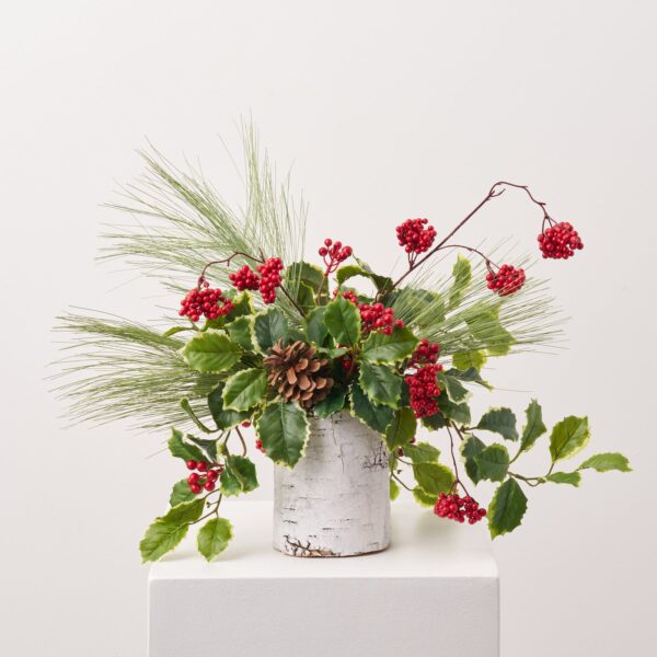 Variegated Holly Leaf, Winter Berry and Long Needle Pine Christmas Holiday Arrangement