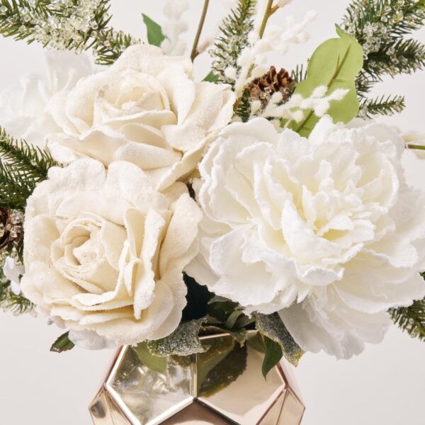 Close-up of vase silhouette detail on this White Winter Whisper - Snow Holiday Christmas Arrangement