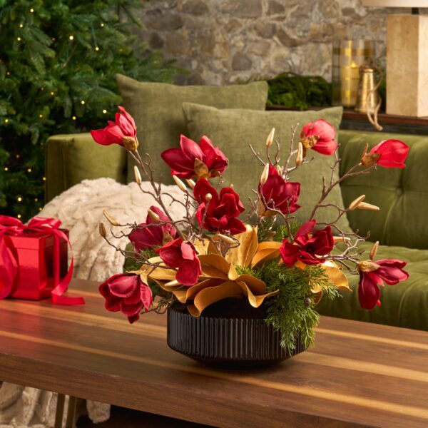 Gilded Christmas Magnolia - Golden Leaf, Holiday Red Blooms Vase Holiday Arrangement - Red and