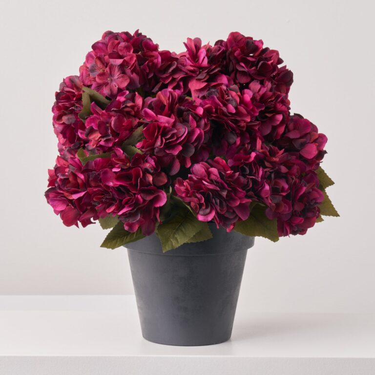 Close-up of bloom cluster detail on this Burgundy Autumn Faux Hydrangea Bush Front Porch Arrangement