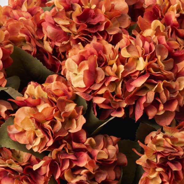Close-up of bloom cluster detail on this Rust Orange Autumn Faux Hydrangea Front Porch Arrangement