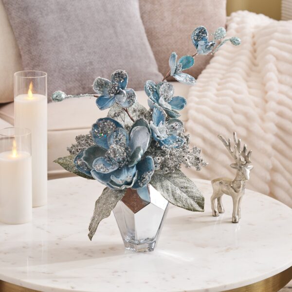 Icy Blue Winter Blast - Glitter Magnolia Leaf, Velvet Vase Christmas Arrangement - Blue and