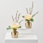 Cream Winter Tea Rose and Mini Ilex Berry Branch Antique Gold Urn Budvase - Set