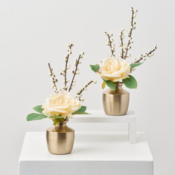 Cream Winter Tea Rose and Mini Ilex Berry Branch Antique Gold Urn Budvase - Set