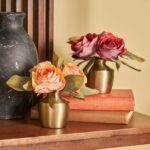 Side view of the Lifelike Terracotta or Rust Fall Urn Vase Arrangement revealing bloom arrangement