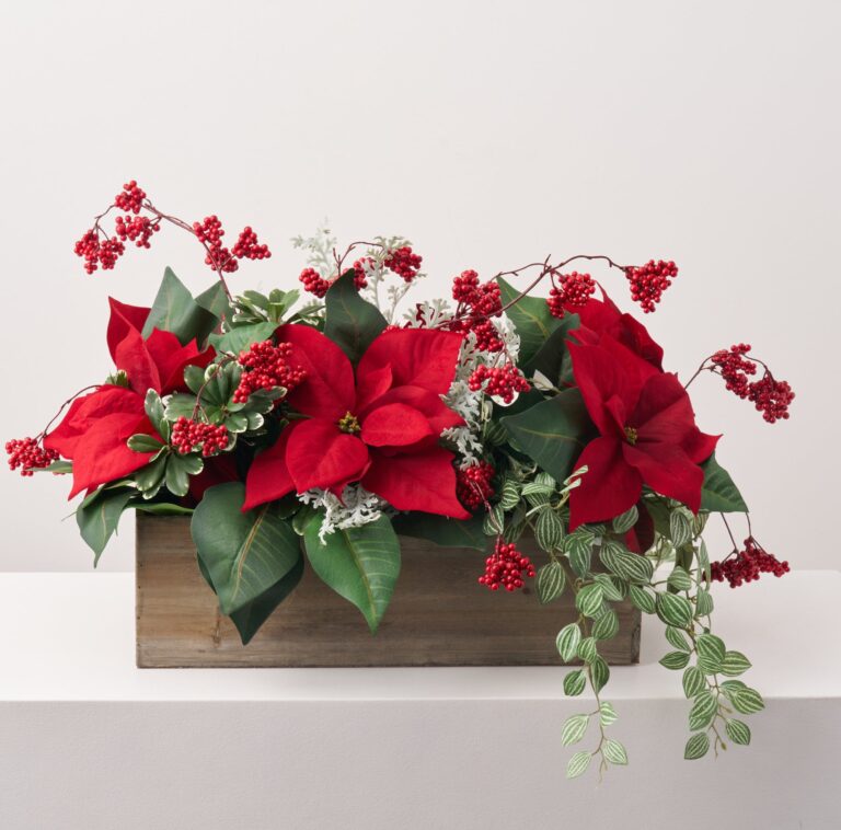 Lifelike Red Poinsettia , Pittosporum, Dusty Miller, Watermelon Vine Box Planter Arrangement