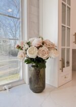 Alternate angle of the Real Touch Fake Flower English Rose with Bud showing leaves along