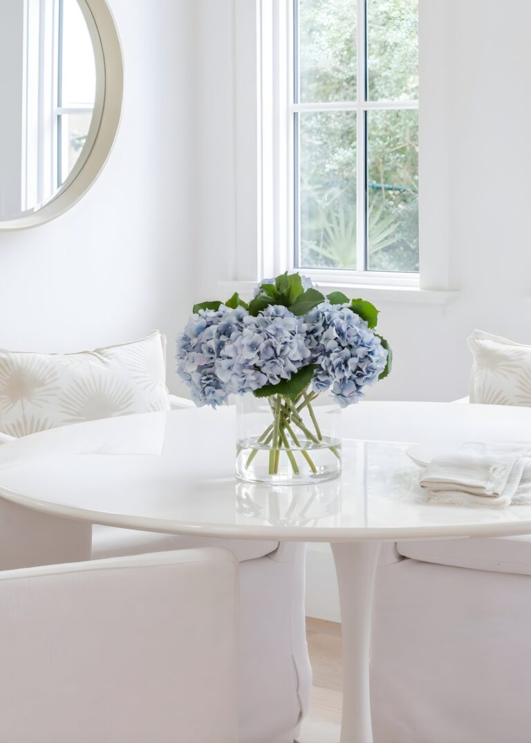 Close-up of bloom cluster detail on this Faux Light Blue Hydrangea Arrangement - 12 inch