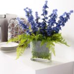 Blue Larkspur and Lace Fern Arrangement in Modern Glass Rectangle Vase - Blue