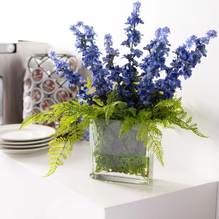 Blue Larkspur and Lace Fern Arrangement in Modern Glass Rectangle Vase - Blue