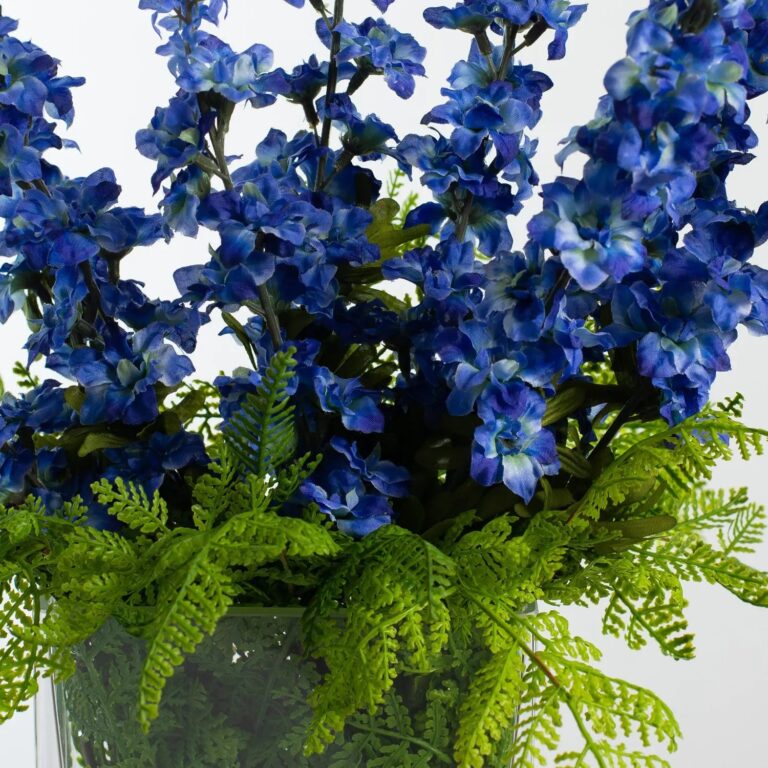Close-up of vase silhouette detail on this Blue Larkspur and Lace Fern Glass Rectangle Vase