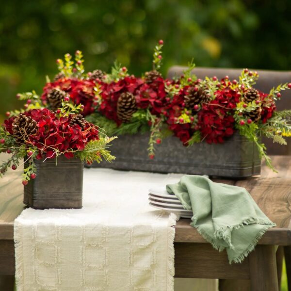 Burgundy Red Hydrangea, Wild Cranberry and Pinecone Fall Christmas Floral Arrangement Centerpiece in Metal Tin