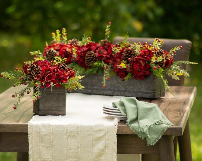 Burgundy Red Hydrangea, Wild Cranberry and Pinecone Fall Christmas Floral Arrangement Centerpiece in Metal Tin