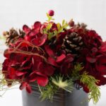 The Burgundy Red Hydrangea, Wild Cranberry Christmas Floral Arrangement shown in full, highlighting bloom cluster