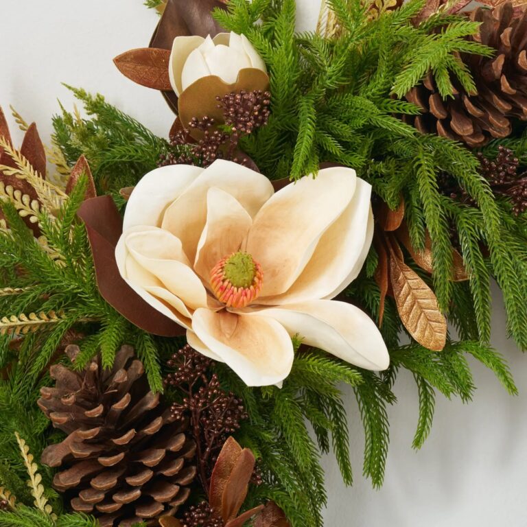 Close-up of blooms and berries on this Cream Real Touch Magnolia, Antique Extra Large Wreath
