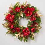 Red Real Touch Magnolia, Antique Gold Bay Leaf Christmas Estate Wreath 32 inch