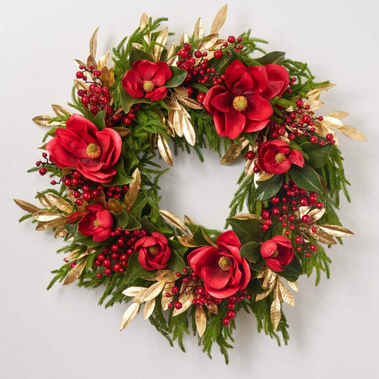 Red Real Touch Magnolia, Antique Gold Bay Leaf Christmas Estate Wreath 32 inch
