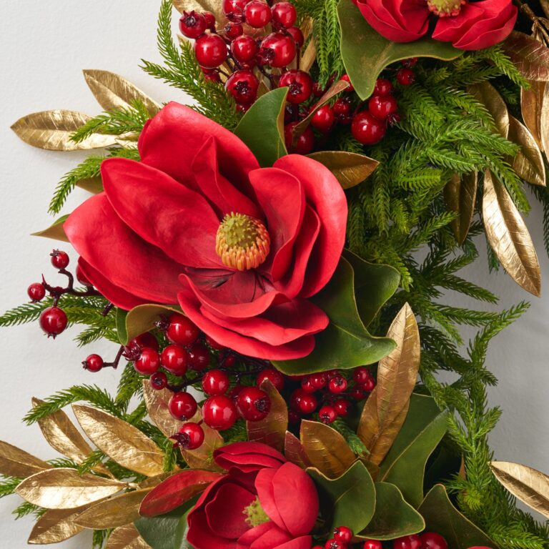 Close-up of blooms and berries on this Red Real Touch Magnolia, Antique Christmas Estate Wreath
