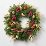 Della Robbia Style Christmas Holiday Wreath with Gold Metallic Bay Leaf, Sugar Fruit and Beaded