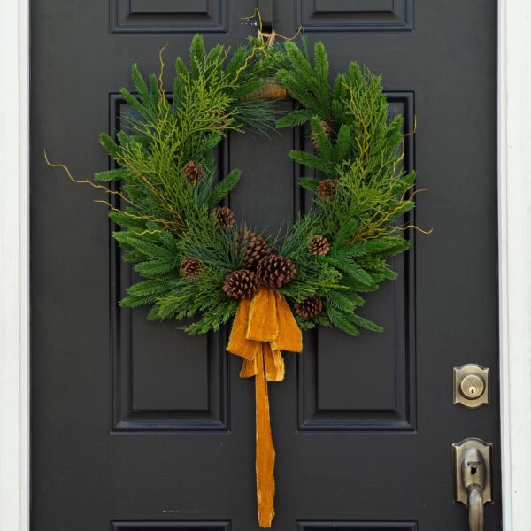 Evergreen Forest Mixed Greens and Pine Cone Holiday Winter Gold Velvet Bow