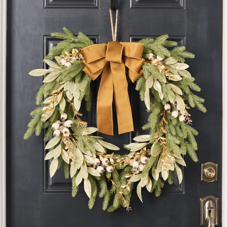 Downswept Fir Wreath with Gilded Eucalyptus, Iced Cream Berry Door Holiday Wreath - 26 inch