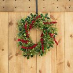 The Holly and Red Winterberry Boxwood Front Door Wreath shown in full, highlighting full wreath