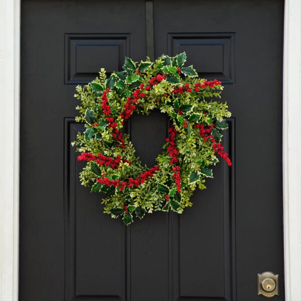 Holly and Red Winterberry Boxwood Christmas Front Door Wreath