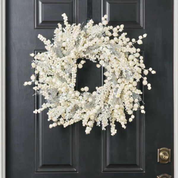 Close-up of blooms and berries on this Winter Wonderland - Cream Glitter Holiday Christmas Wreath