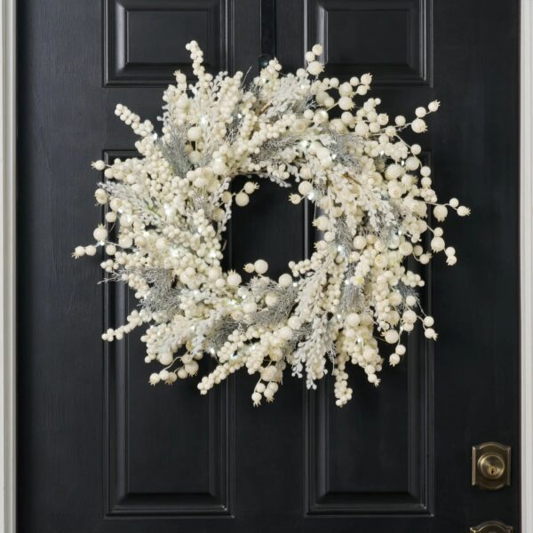Winter Wonderland - Cream Glitter Berry, White Fuzzy Mimosa Holiday Christmas Wreath