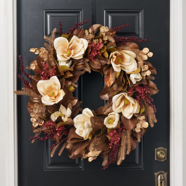 Cream Magnolia Flower, Copper Silver Dollar Eucalyptus Leaf with Burgundy Berry Front Door Christmas Wreath