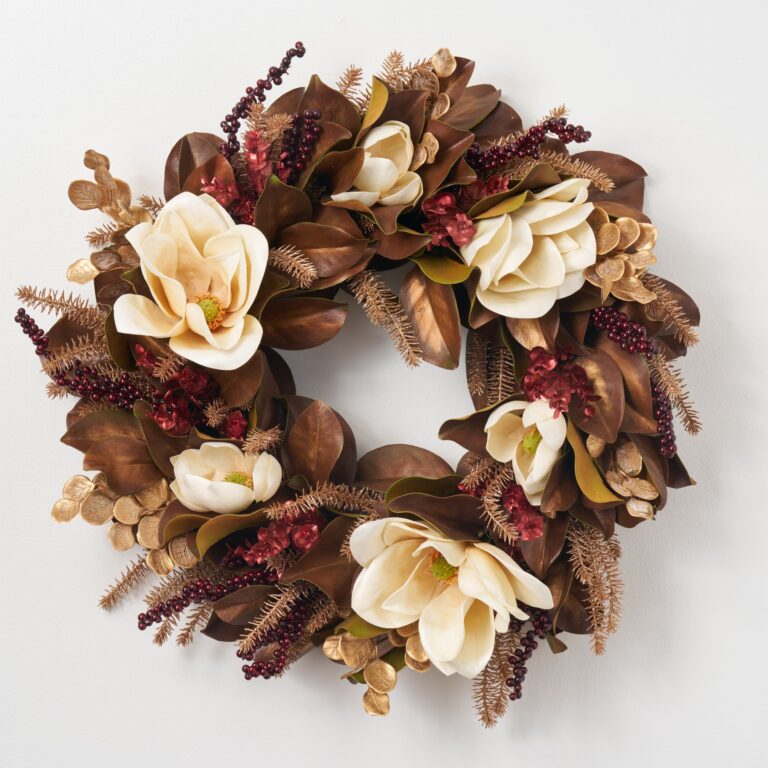 Close-up of blooms and berries on this Cream Magnolia Flower, Copper Silver Door Christmas Wreath