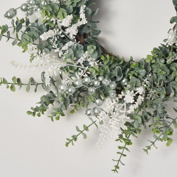 Close-up of blooms and berries on this Winter Frost - White Sedum, Door Christmas Wreath