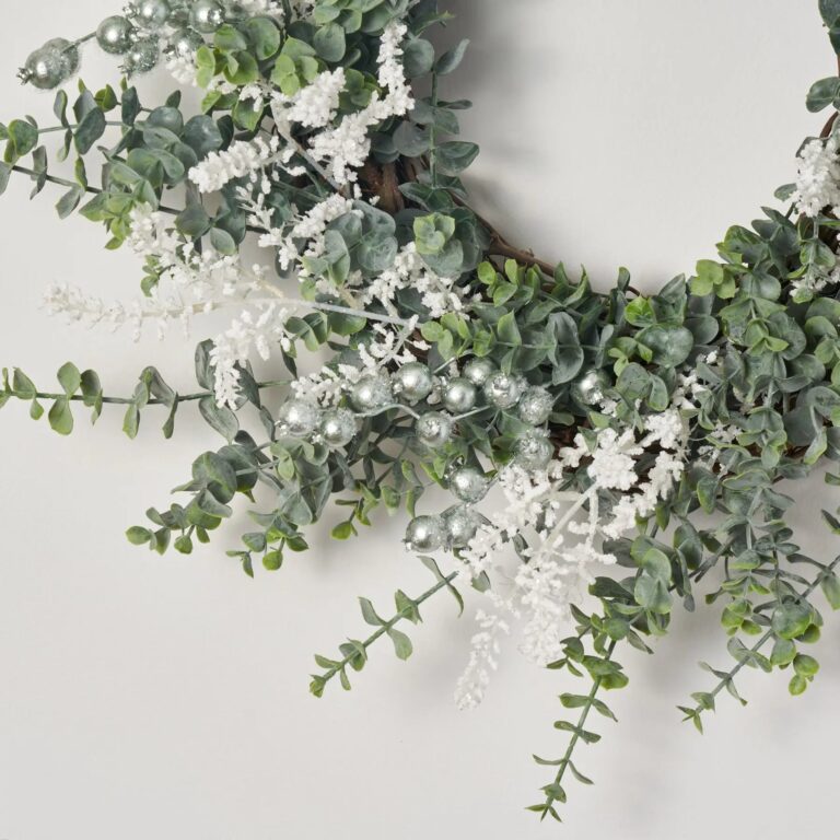 Close-up of blooms and berries on this Winter Frost - White Sedum, Door Christmas Wreath