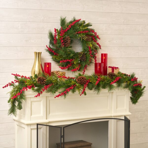 Classic Mixed Pine, Cedar, Red Winter Berry and Pinecone Christmas Mantel, Stairway Garland