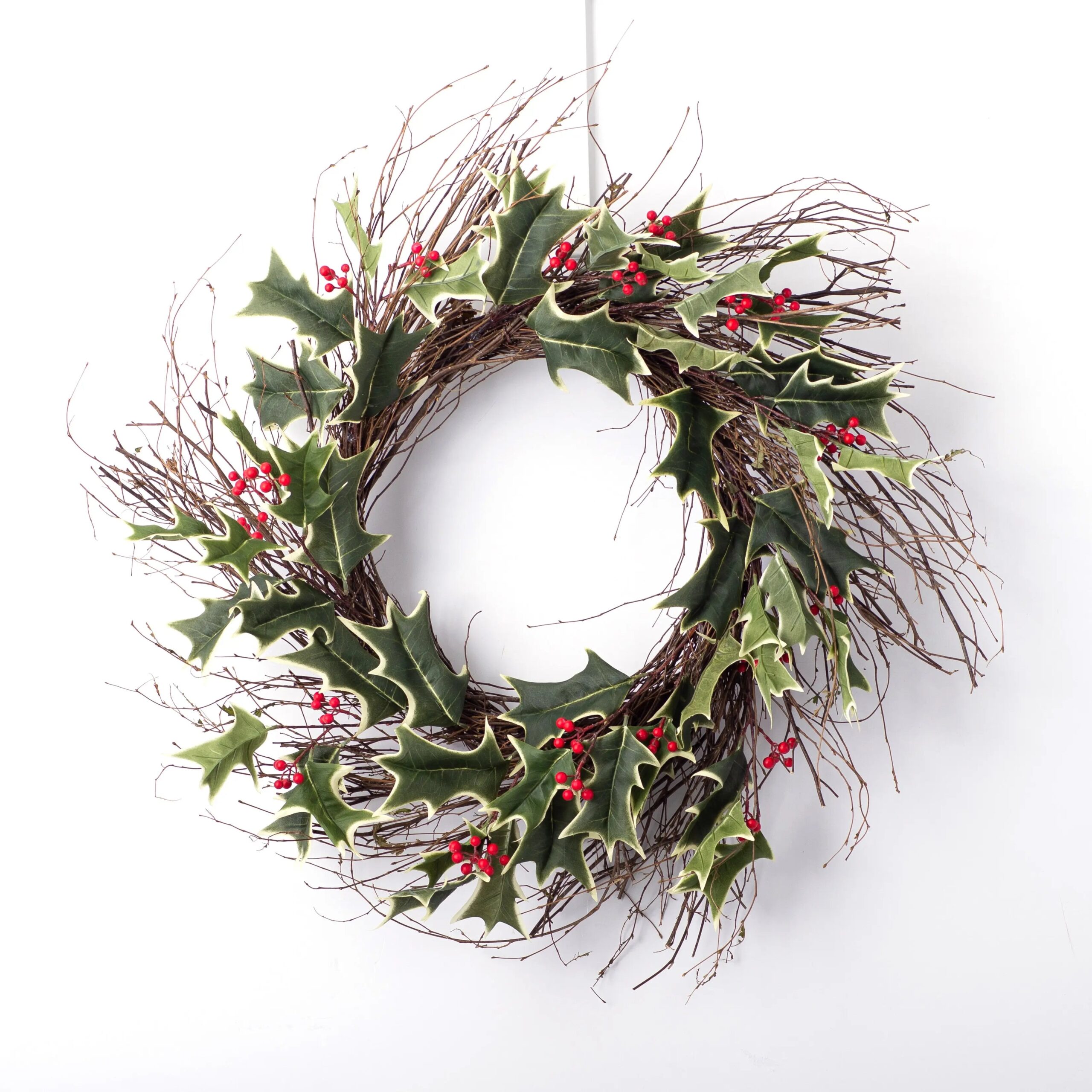CW1260VarigatedHollyBerryWreathonWispyBirchTwigBase_2.jpg Variegated Holly Berry Christmas Holiday Wreath on Wispy Birch Twig Base