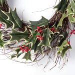 Close-up of blooms and berries on this Variegated Holly Berry Christmas Holiday Christmas Holiday Wreath