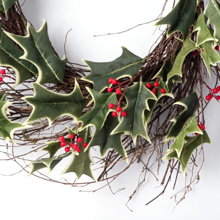 Close-up of blooms and berries on this Variegated Holly Berry Christmas Holiday Christmas Holiday Wreath